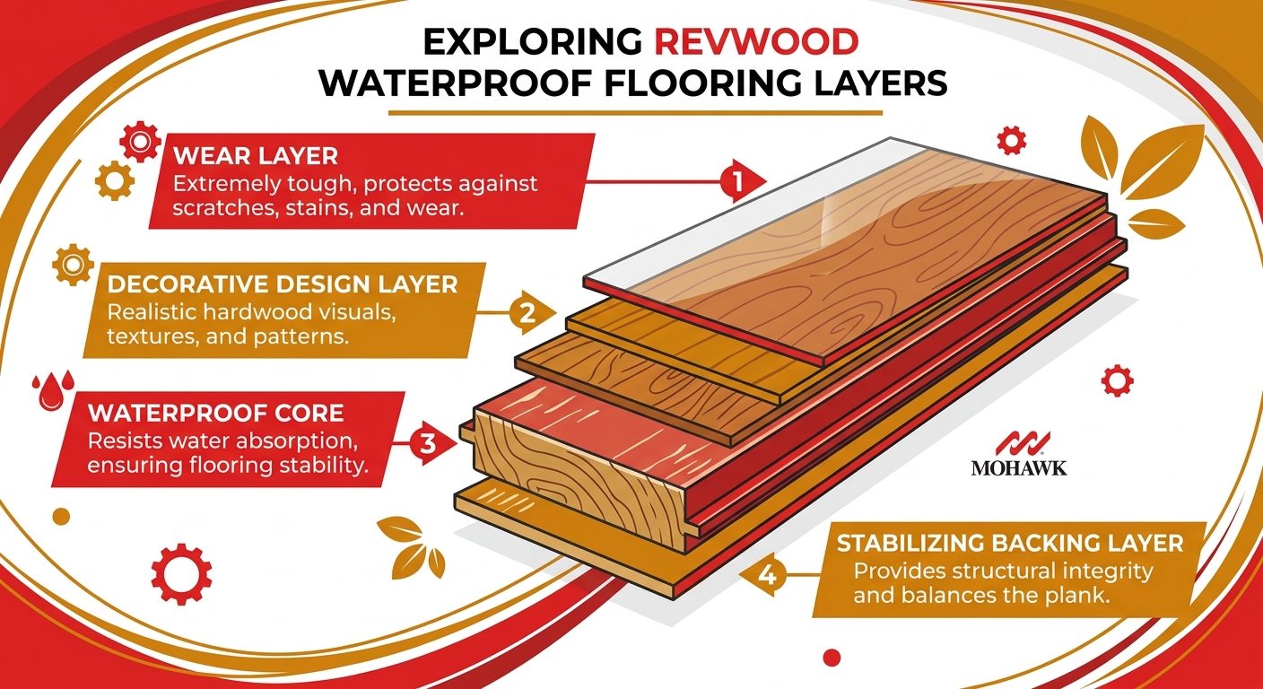 Create a graphic showing the different layers of RevWood waterproof flooring